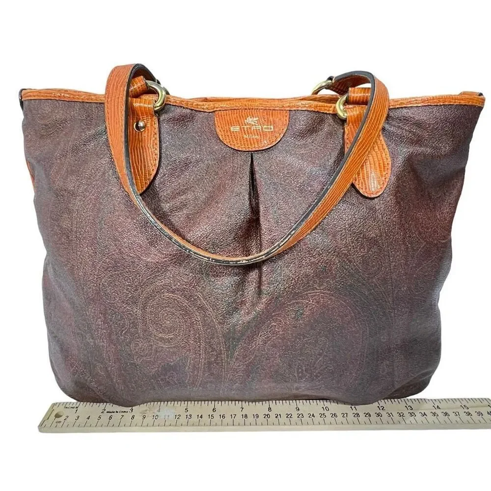 Etro Jacquard Fabric Paisley Tote Shoulder Bag Leather Trim w Serial # Authentic